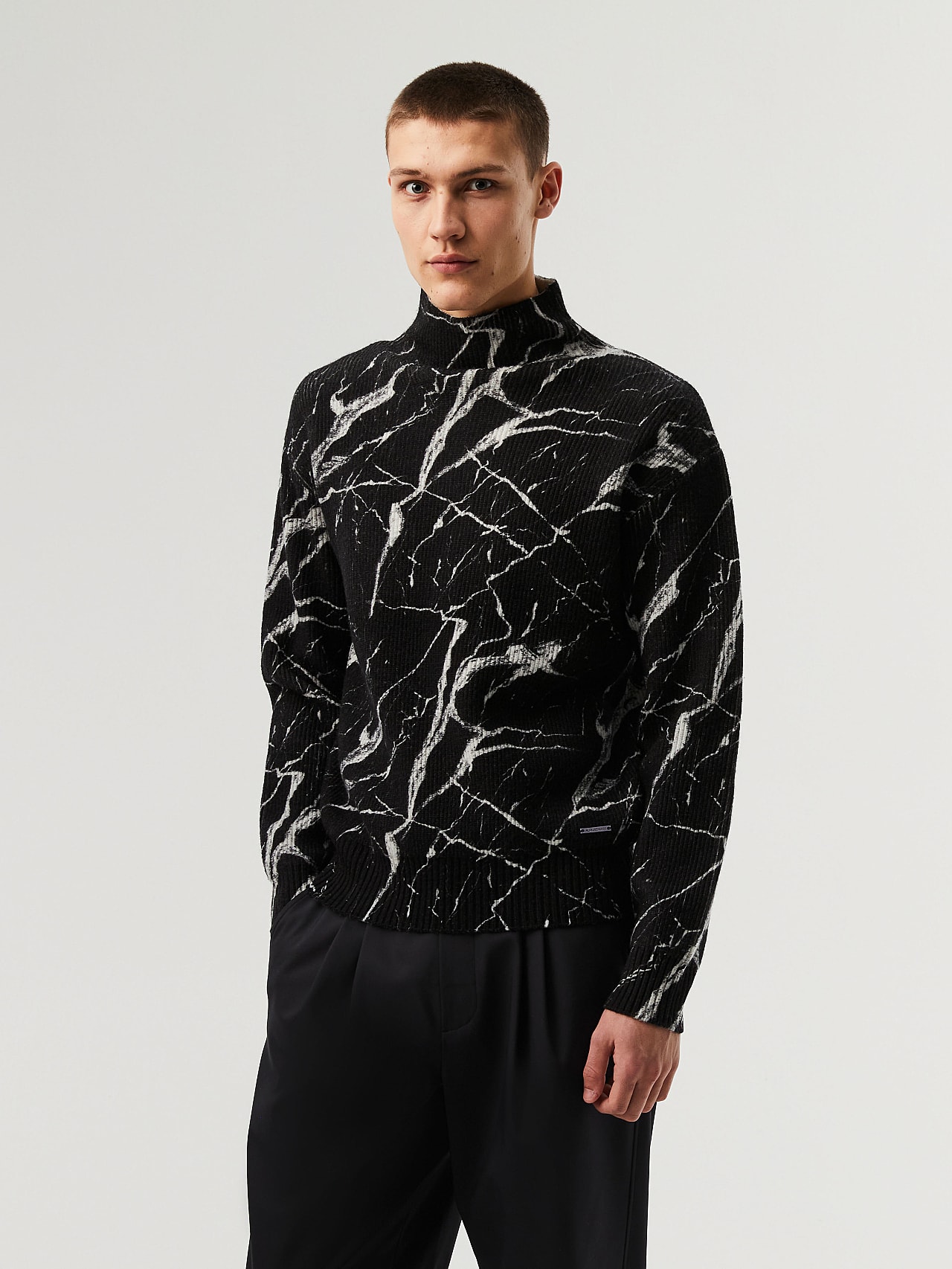 AlphaTauri | FUORY V1.Y7.02 | Marble Print Knit Turtleneck Sweater in Black / White for Men AlphaTauri | FUORY V1.Y7.02 | Marble Print Knit Turtleneck Sweater in Black / White for Men