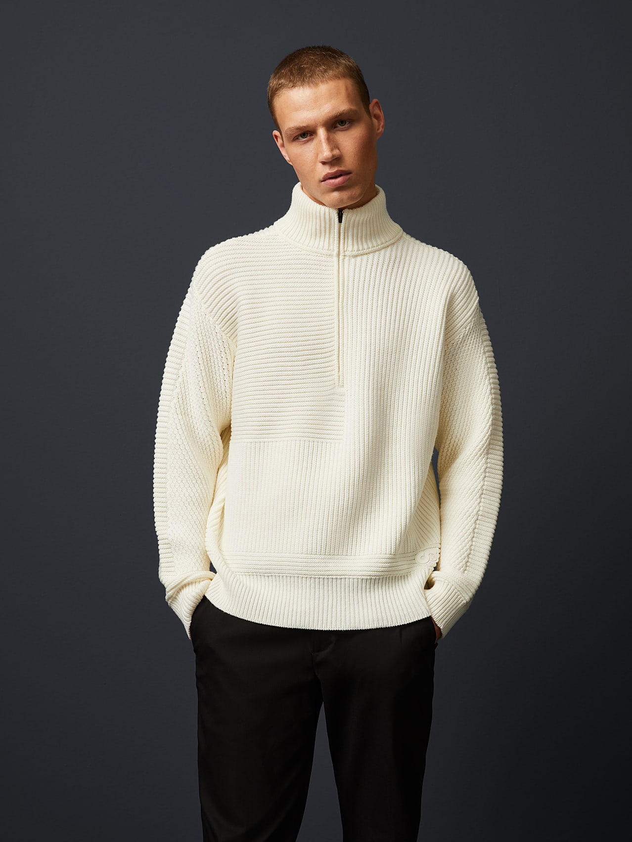 AlphaTauri | FAAMN V1.Y5.02 | Chunky Knit Merino-Wool Half-Zip in Off White for Men AlphaTauri | FAAMN V1.Y5.02 | Chunky Knit Merino-Wool Half-Zip in Off White for Men