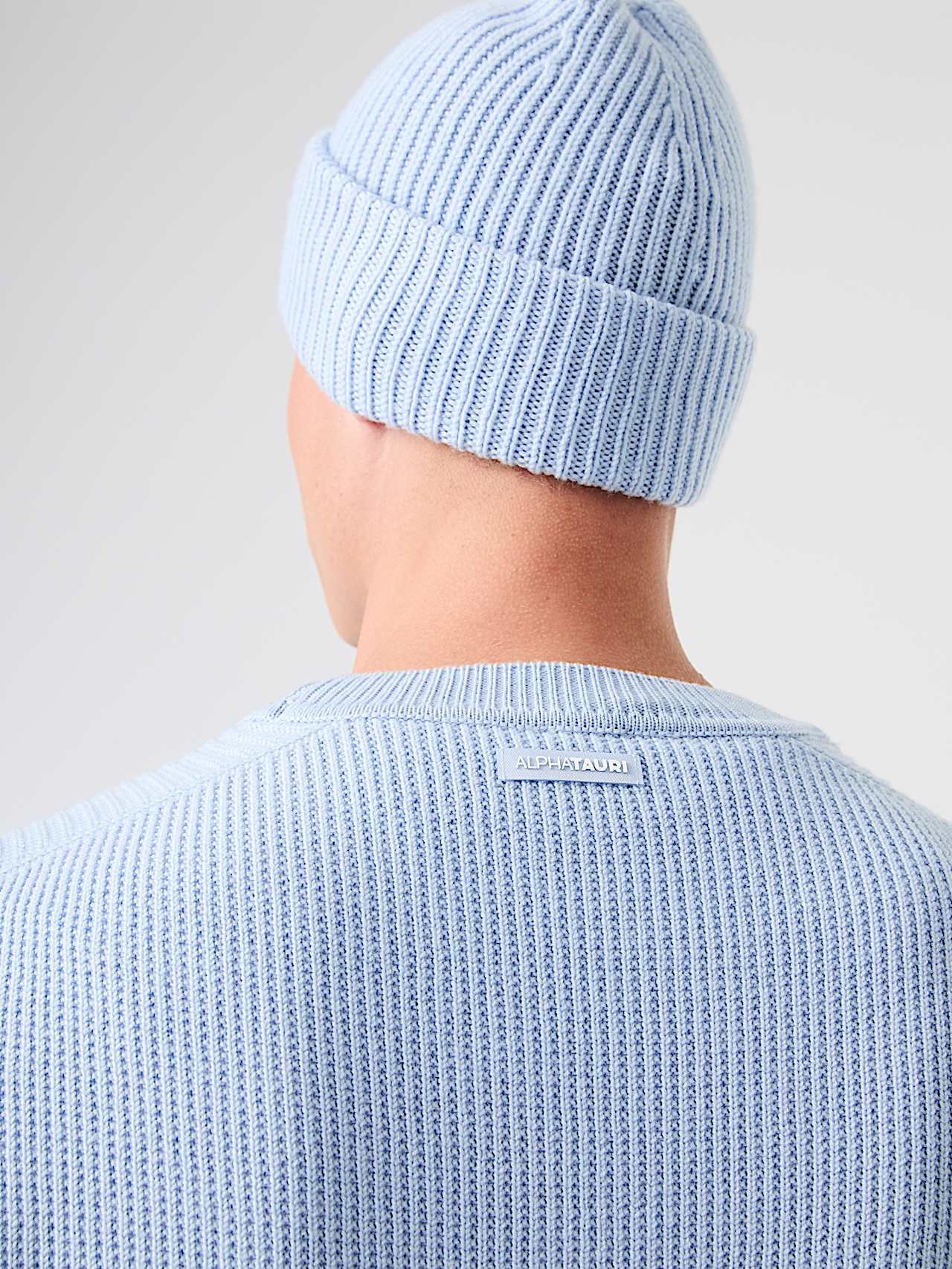 AlphaTauri | FOX V1.Y9.02 | Seamless Chunky 3D Knit Crewneck Sweater in Sky Blue for Men
